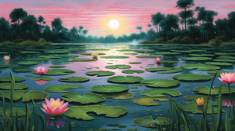 夏至唯美池塘里的荷叶荷花插画手绘背景,插画/手绘图,插画/手绘图库,插画/手绘图下载,插画/手绘